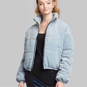 Wild Fable Light Blue Puffer Bomber Jacket Corduroy Cropped Zip Coat Size L